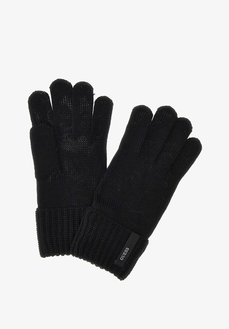 Guanti neri in maglia con polsino a coste e un'etichetta che riporta "GUESS." Presentano una chiara separazione delle dita e una finitura strutturata.