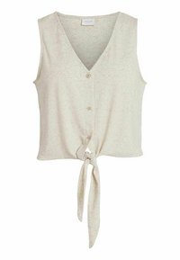 Light grey sleeveless top with a V-neck, featuring a front button closure and a tied knot detail at the hem. Textured, soft fabric.