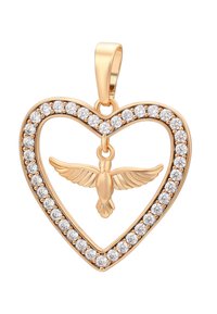 Guld hjärtformat hänge med en diamantbesatt kant och en liten guld f�ågel med utsträckta vingar hängande i centrum.