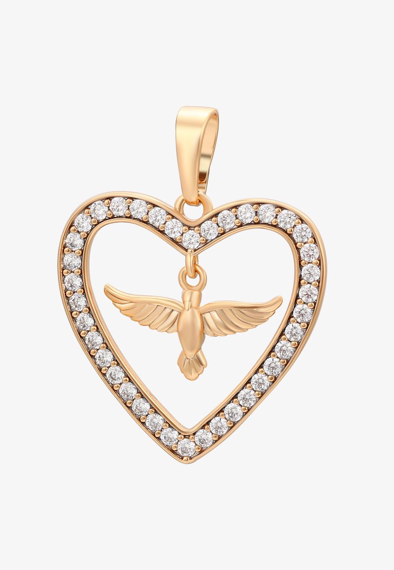 Pendentif en or en forme de cœur avec une bordure en diamants et un petit oiseau en or aux ailes déployées suspendu au centre.