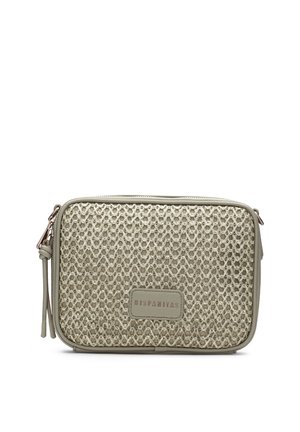 Prostokątna beżowa torebka na ramię z plecionym przednim panelem, skórzanymi wykończeniami, zamkiem błyskawicznym, ozdobnym chwostem oraz naszywką z logo "Hispanitas".