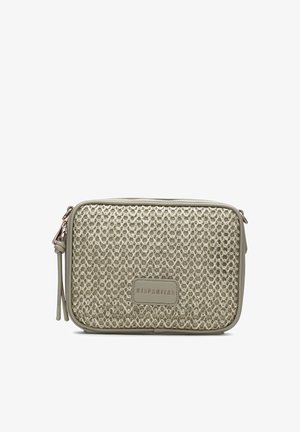 Rechteckige beige Umhängetasche mit gewebtem Frontpaneel, Lederbesatz, Reißverschluss, dekorativer Quaste und "Hispanitas" Logo-Patch.