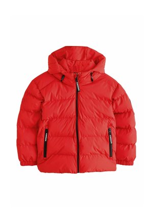 Red puffer jacket with hood, front zipper, and two zippered side pockets, designed for cold weather.
