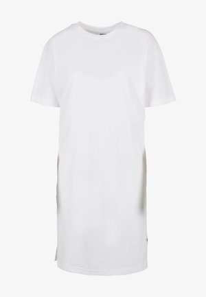 Bela kratka majica obleka s kratkimi rokavi, narejena iz bombaža, ima sproščen kroj, okroglo izreza in stranske razpoke na robu za lažje gibanje.