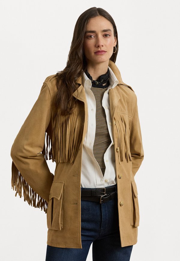 FRINGE TRIM BELTED GOAT SUEDE JACKET - Leather jacket - camel