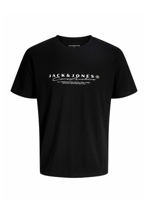 Černé bavlněné tričko s kulatým výstřihem, na kterém je bíle potisknutý text: "JACK & JONES® Conex Antino". Krátké rukávy, uvolněný střih.