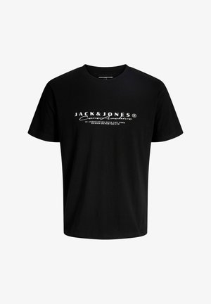 Crna pamučna majica s okruglim izrezom, sa bijelim ispisanim tekstom: "JACK & JONES® Conex Antino". Kratki rukavi, ležeran kroj.