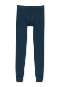 Marinblå termoleggings, tillverkade av mjukt material, med en framficka, elastisk midja och smalnande istället för fotled.