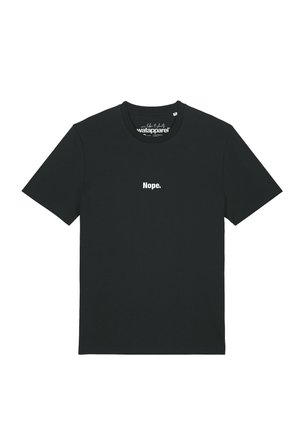 Black short-sleeve T-shirt with white text "Nope." centered on the chest and a round neckline.