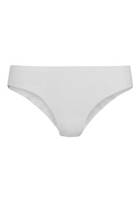 Sous-vêtement féminin blanc uni sans couture de style bikini avec une taille basse et une couverture avant modérée.