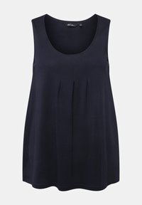 Top senza maniche di colore blu navy con scollo rotondo e dettagli plissettati sulla parte anteriore, realizzato in tessuto morbido e leggero.