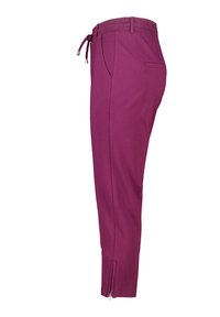 Pantalon magenta avec une taille élastique, un cordon de serrage, des poches latérales et des bas à fermeture éclair, fabriqué en tissu léger.