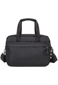Borsa per laptop in nylon nero con due manici superiori, una tracolla regolabile e una tasca frontale con zip. Texture liscia, forma rettangolare.
