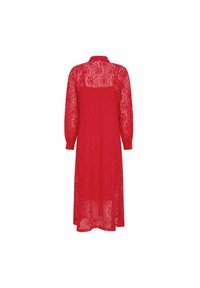 Red lace dress with a shirt collar, long sleeves, and a sheer, flowing design. Features a delicate swirling pattern throughout.