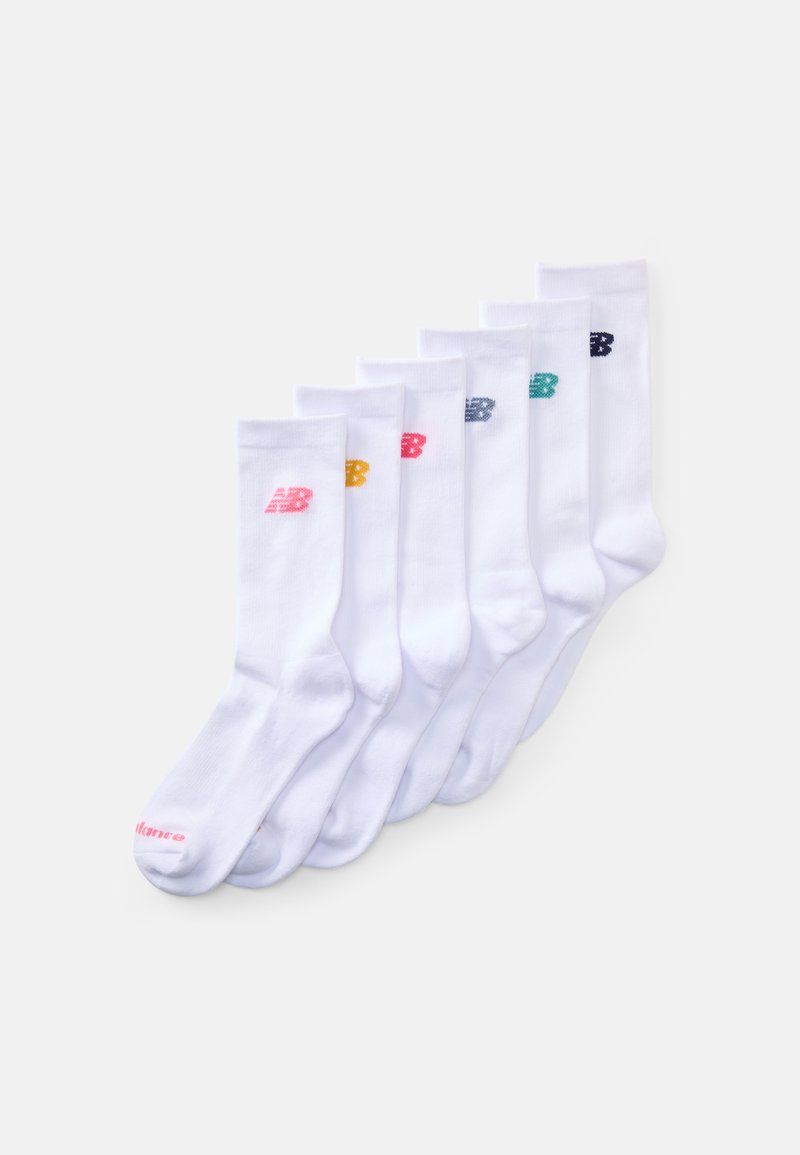 White cotton socks, six pairs, featuring a colored logo on each. Colors include pink, yellow, blue, and green. Smooth texture, mid-calf length.