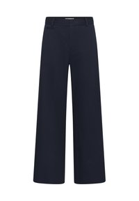 Pantalon large bleu marine avec passants de ceinture et une seule poche passepoilée à l'arrière, conçu pour une coupe droite et ample.