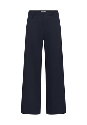 Pantalon large bleu marine avec passants de ceinture et une seule poche passepoilée à l'arrière, conçu pour une coupe droite et ample.