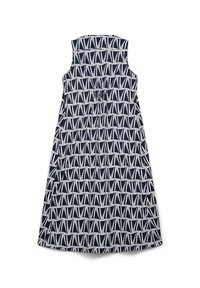Ärmelloses navyblaues Kleid mit einem geometrischen weißen Muster, das eine taillierte Taille und einen ausgestellt Rock hat. Glattes Gewebe mit einer weichen Textur.