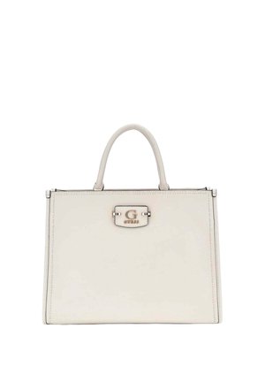 Borsa a mano in pelle bianca dalla forma strutturata, con un singolo manico superiore e una targhetta in metallo con logo Guess centrata sul davanti.