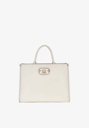 Borsa a mano in pelle bianca dalla forma strutturata, con un singolo manico superiore e una targhetta in metallo con logo Guess centrata sul davanti.