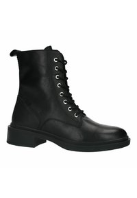 Zwarte leren veterschoenen tot de enkel met zes oogjes, gestructureerde bovenkant, ronde neus en een stevige zwarte hak. Voorzien van een trekband aan de achterkant.