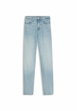 Light wash denim jeans with a straight leg design, five-pocket styling, and a button-fly, featuring subtle fading and clean hem edges.