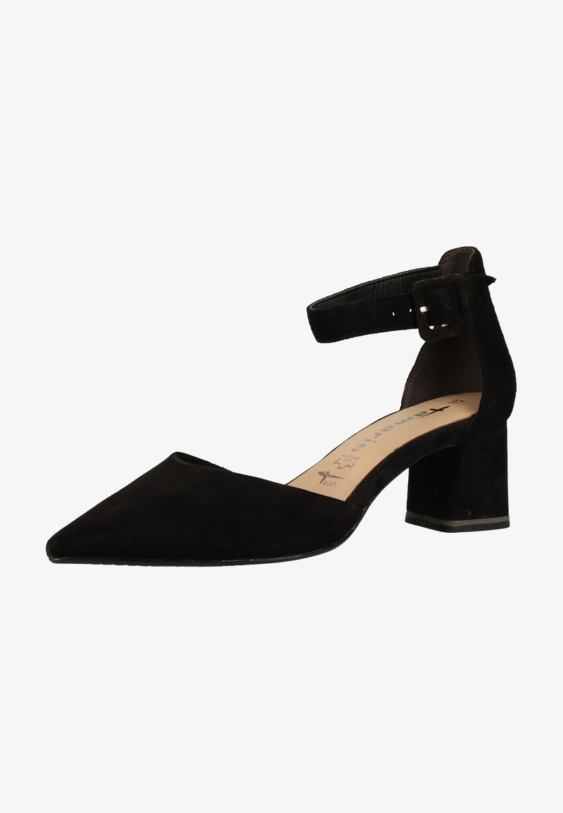 Chaussure en daim noir à petit talon carré, bout pointu et bride de cheville réglable avec fermeture à boucle.