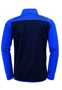Zweifarbige Jacke in Blau und Marine, mit einem Reißverschlusskragen, langen Ärmeln und einer glatten Textur. Keine sichtbaren Logos oder Muster.