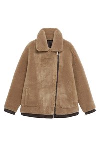 Brązowa polarowa kurtka z wysokim kołnierzem, teksturowanym wykończeniem, dwoma przednimi kieszeniami i kontrastowym wykończeniem na dole oraz przy mankietach. Zamek błyskawiczny na całej długości.