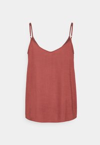 Débardeur sans manches de couleur rouille avec des fines bretelles ajustables et un léger décolleté en V sur fond blanc uni.