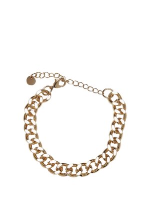 Arany tónusú vastag lánc karkötő állítható szemekkel és homárkapcsos záródással, fehér háttéren.