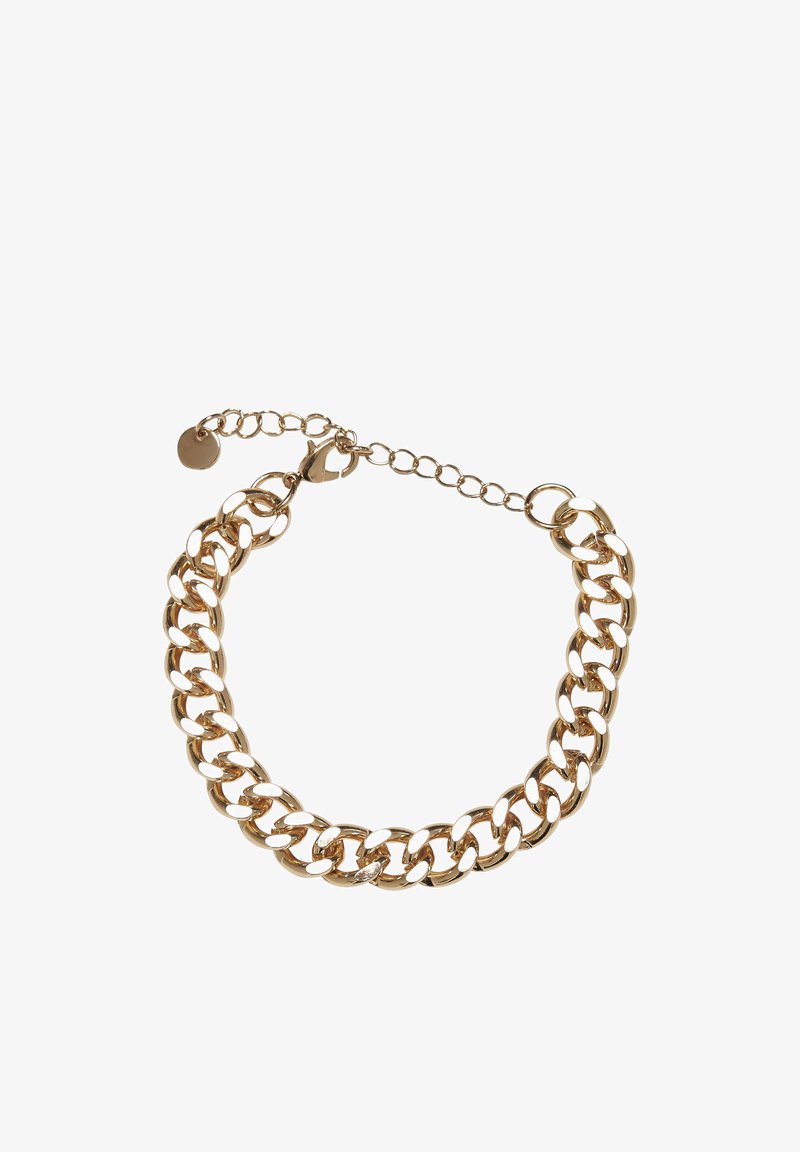 Bracelet chaîne épaisse ton or avec maillons réglables et fermoir mousqueton sur fond blanc.