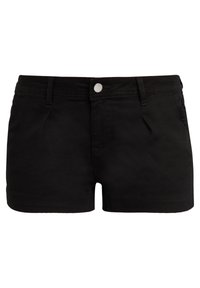 Černé bavlněné šortky s poutky na opasek, předním zapínáním na knoflík, bočními kapsami a prošitým lemem.