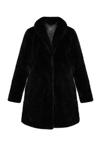 Sort faux fur frakke med sjalkrave, lange ærmer og en afslappet pasform. Teksturen er blød og fyldig, uden synlige lukninger.