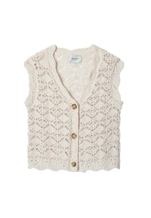 Kreemi värvi kudumist vest, millel on laineline äär, jaamondkujulise mustriga, V-kujulise kaeluse ja kolme ümmarguse nööbiga ees.