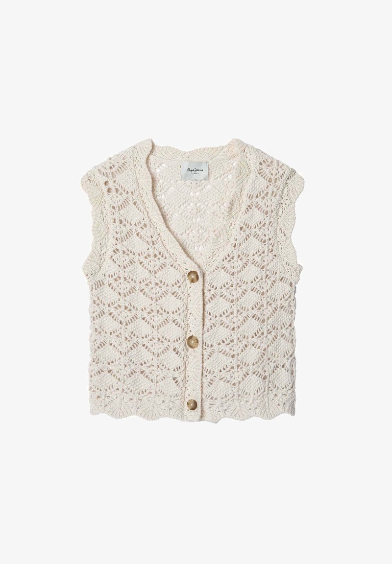 Grietos spalvos mezginis liemenėlis su banguotu hemu, puošiamas deimanto raštu, V formos kaklu ir trimis apvaliais mygtukais priekyje.