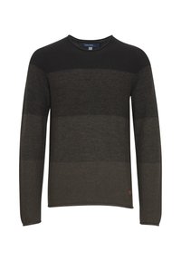 Dark green and black striped sweater with long sleeves, round neckline, textured knit fabric, and a small logo on the lower hem.