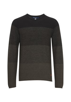 Tamsiai žalias ir juodas dryžuotas megztinis su ilgomis rankovėmis, apvalia iškirpte, tekstūruotu mezgimo audiniu ir mažam logotipu apatiniame krašte.