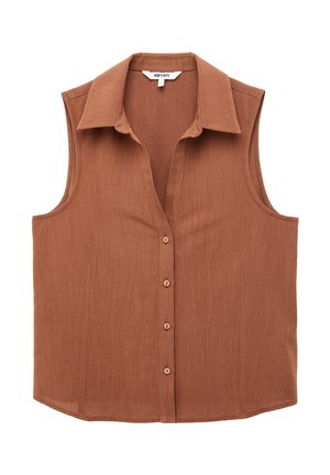 Sleeveless brown button-up blouse with pointed collar, made of lightweight fabric.