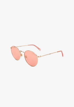 Occhiali da sole rotondi con sottile montatura in metallo dorato e lenti sfumate rosa, con terminali delle aste rosa e naselli regolabili.
