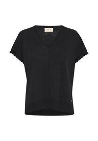 Top en tricot noir à manches courtes avec un col en V et des bords de manches volantés. Il présente un ourlet droit et un petit logo de marque sur le côté.