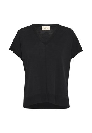 Schwarzes kurzärmliges Strickoberteil mit V-Ausschnitt und gerafften Ärmelsäumen. Verfügt über einen geraden Saum und ein kleines Markenlogo an der Seite.