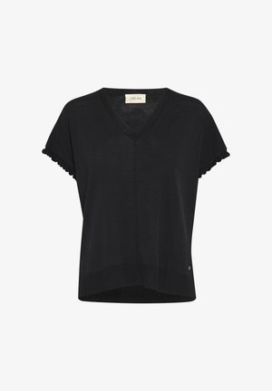 Schwarzes kurzärmliges Strickoberteil mit V-Ausschnitt und gerafften Ärmelsäumen. Verfügt über einen geraden Saum und ein kleines Markenlogo an der Seite.