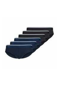 Cinque paia di slip in blu scuro e nero, con cintura a contrasto in azzurro chiaro, caratterizzati da un tessuto morbido e un design classico.