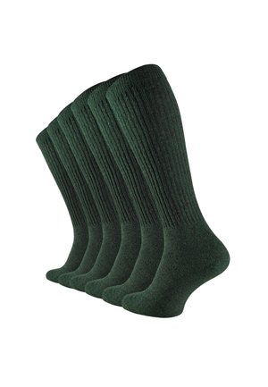 Grüne Socken im Fünferpack, mit gerippter Struktur, mittlerer Wadenlänge und einfarbig ohne sichtbare Muster oder Akzente.
