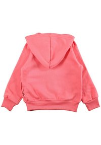 Sweat à capuche rose corail en tissu doux, avec poignets et ourlet côtelés, et un design simple et sans coutures, sans logos ni motifs visibles.