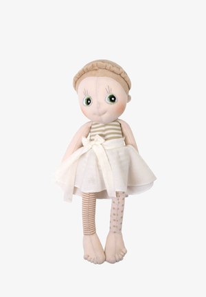Zachte stoffen pop met een beige jurk, gestreepte en stippenleggingen, groene ogen en een gebreide muts. Heeft een strik om de taille.