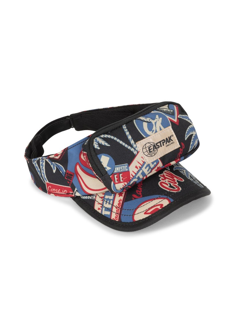Eastpak visor in multicolored fabric featuring various printed patterns. Includes a black visor and an adjustable strap for secure fit.
