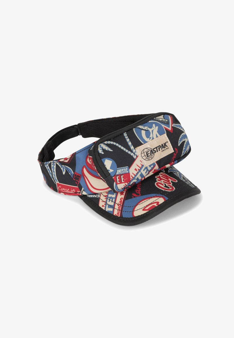 Eastpak visor in multicolored fabric featuring various printed patterns. Includes a black visor and an adjustable strap for secure fit.