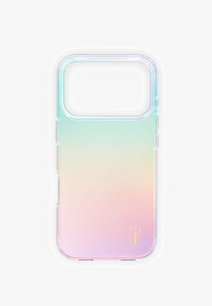 Transparent phone case with iridescent pastel gradient and large camera cutout, branded "IDEAL OF SWEDEN" in gold text.